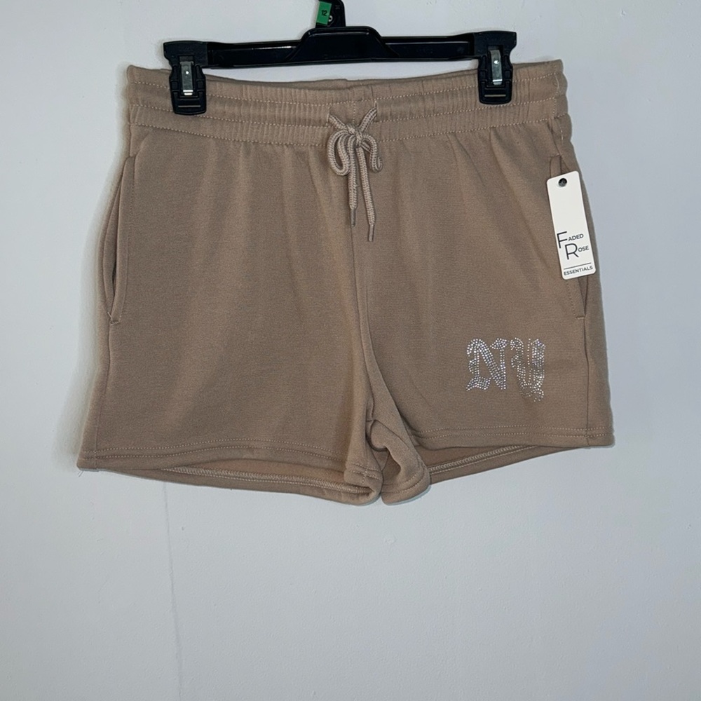 Cozy Tan Drawstring Women’s Shorts with Rhinestone